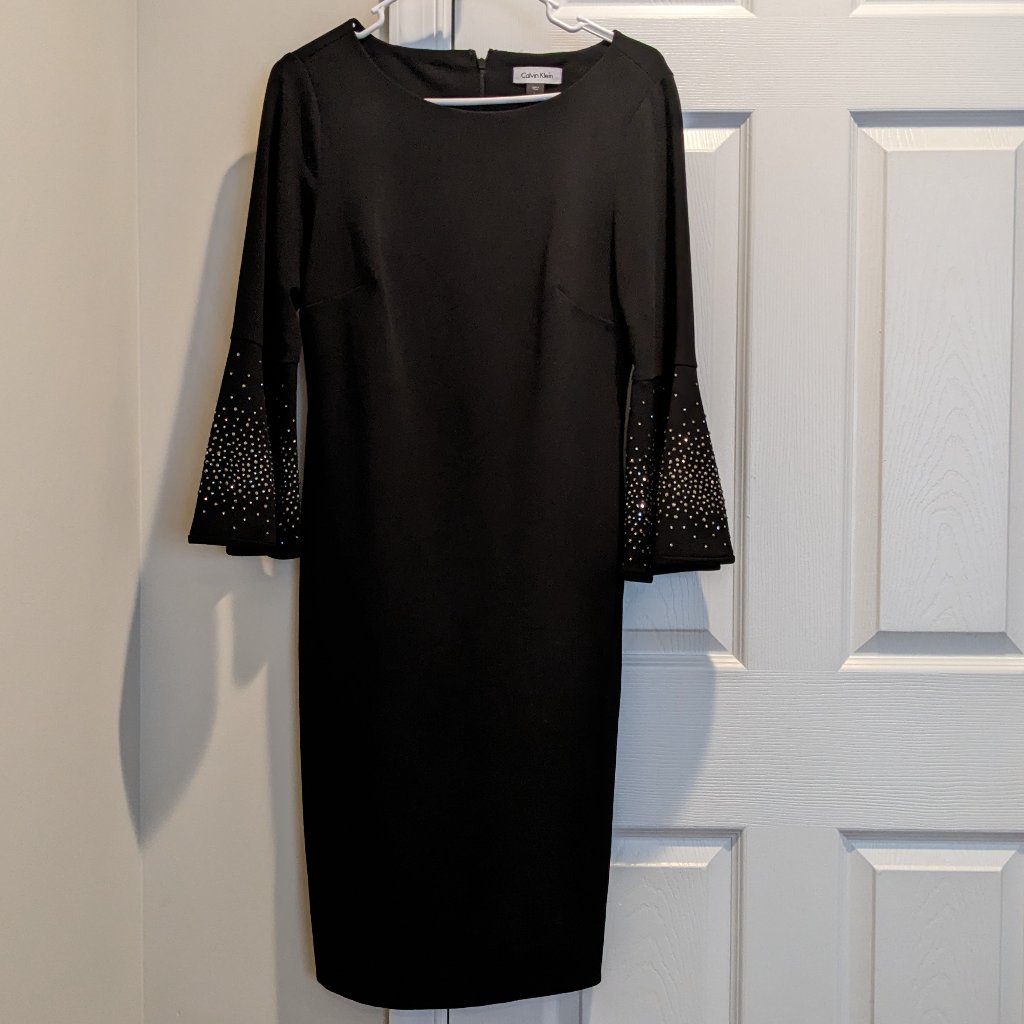 Calvin Klein Sliver Embellished Bell Sleeve Black Dress Size 6
